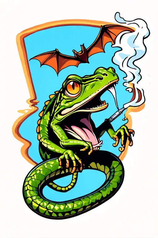 rango smoking joint smoke turning to bats.  rattlesnake biting arm looks like needle tattoo design idea