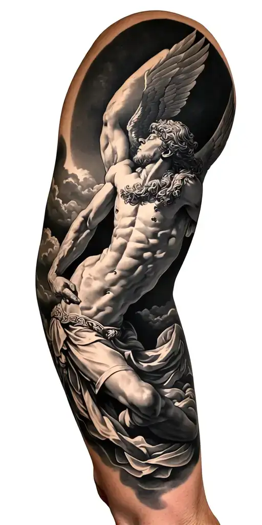 Greek mythology themed arm sleeve. include Icarus falling, holding of the atlas,  tattoo design idea