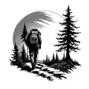 A sad man with a knapsack on his shoulder walks along the path through the forest against the background of a small full moon tattoo design idea