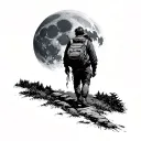A sad man with a knapsack on his shoulder walks along the path through the forest against the background of a small full moon tattoo design idea