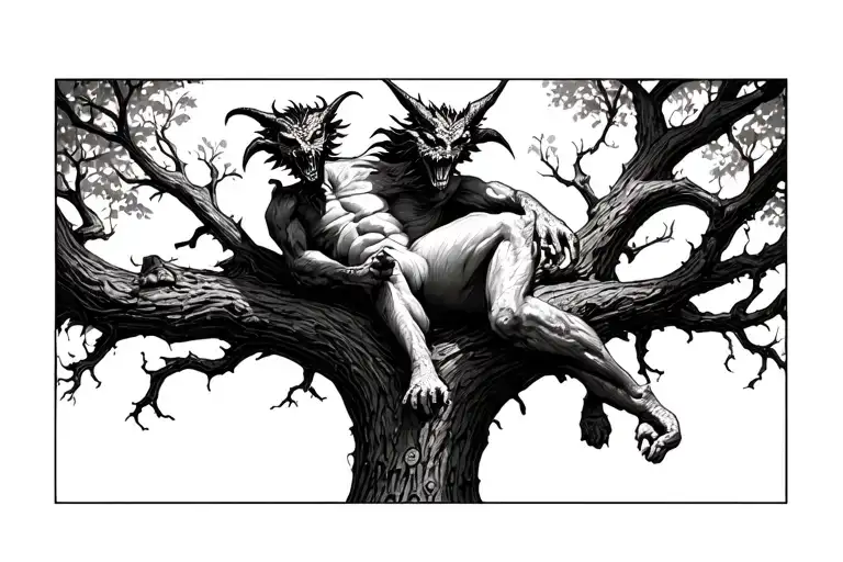 demon resting on tree playing with Nintendo ds  tattoo design idea