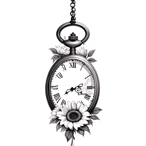 Two open pocket watch with sunflowers and roses tattoo design idea