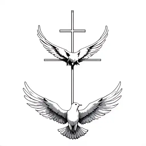 A CHRISTIAN CROSS IN STRAIGHT LINE AND IN FRONT OF A DOVE WHICH HAS ITS WINGS DEPLOYED tattoo design idea