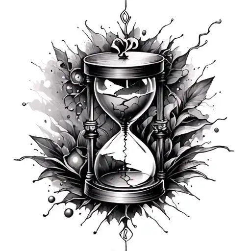 An abstract tattoo representing the passage of time through a broken hourglass, incorporating elements of love and perspective tattoo design idea