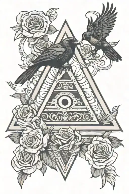 Masonic triangle, roses and dollars, raven perched on top tattoo design idea