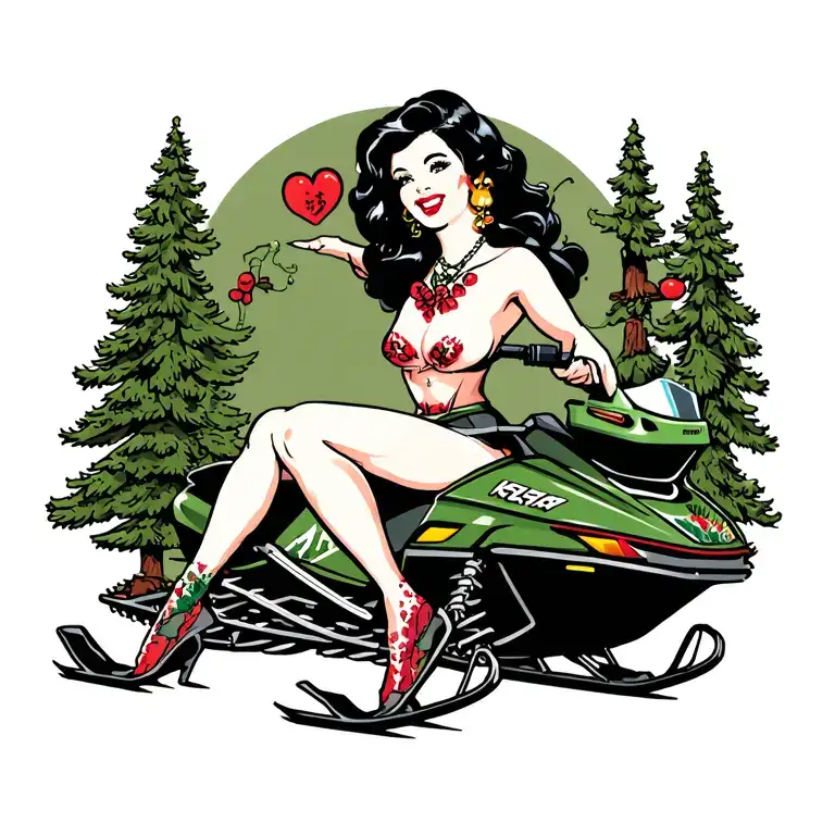  pinup  brunette wife, pine tree, riding snowmobile tattoo design idea