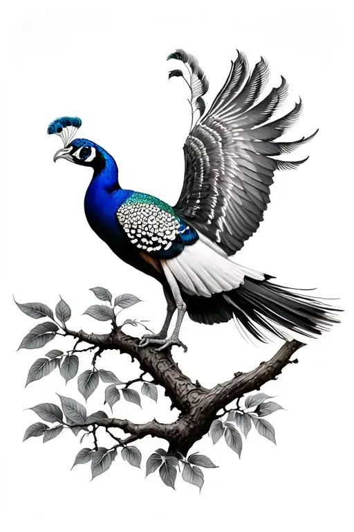 peacock mid flight landing on mango tree branch tattoo design idea