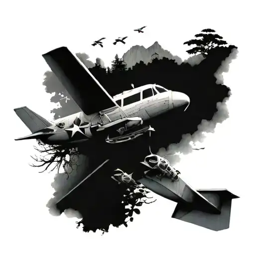 Modern aircraft and nature scene tattoo design idea