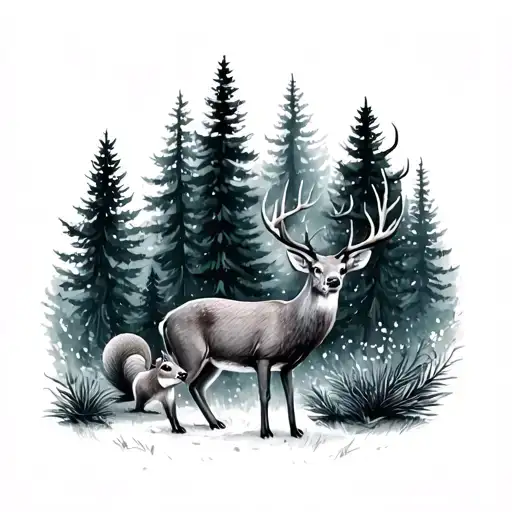 PNW evergreens. lush, moody forest vibe. Deer and squirrel. delicate, detailed, etherial tattoo design idea