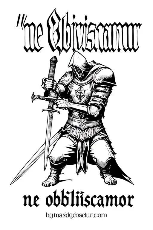 "ne obliviscamur" Knight templar kneeling with sword tattoo design idea