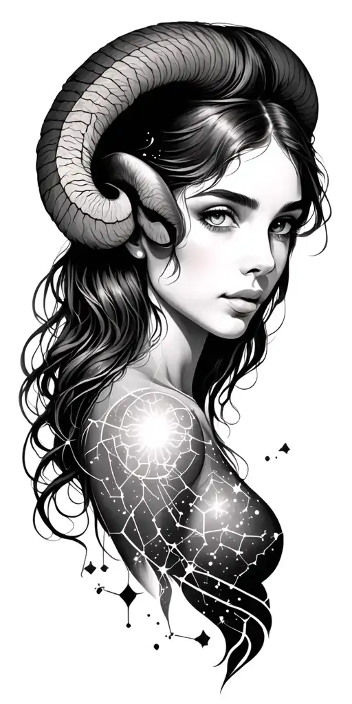 Aries full sleeve using constellations and sky as filler but don't use a woman tattoo design idea