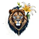 Leo lion constellation head with lily flower in mane and chain necklace tattoo design idea