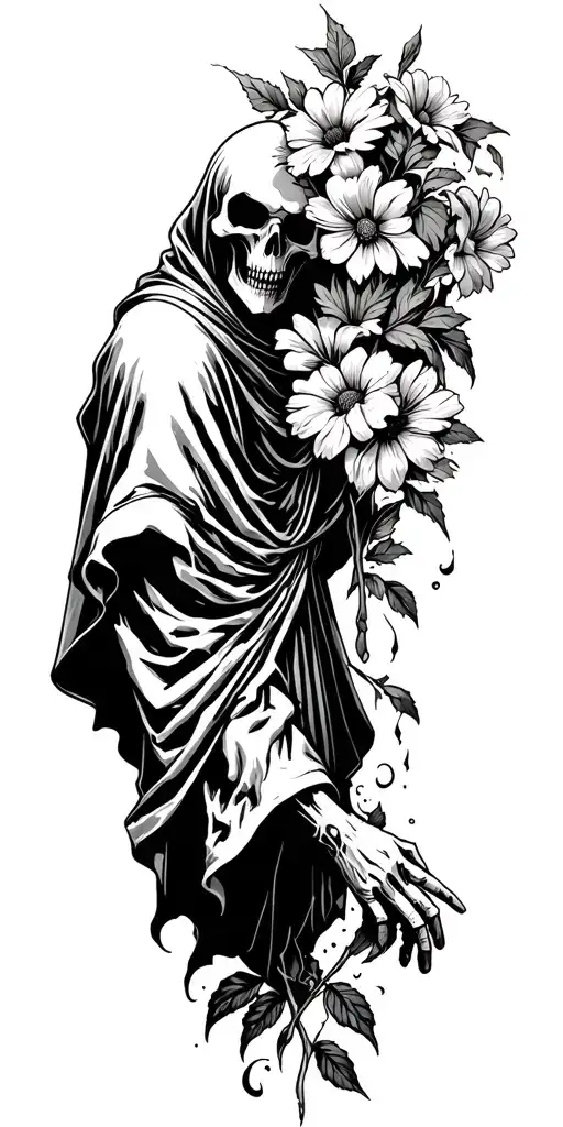 grim reaper pulling life from flowers coming tattoo design idea