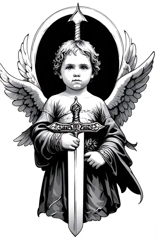 baby angel holding a sword tattoo design idea