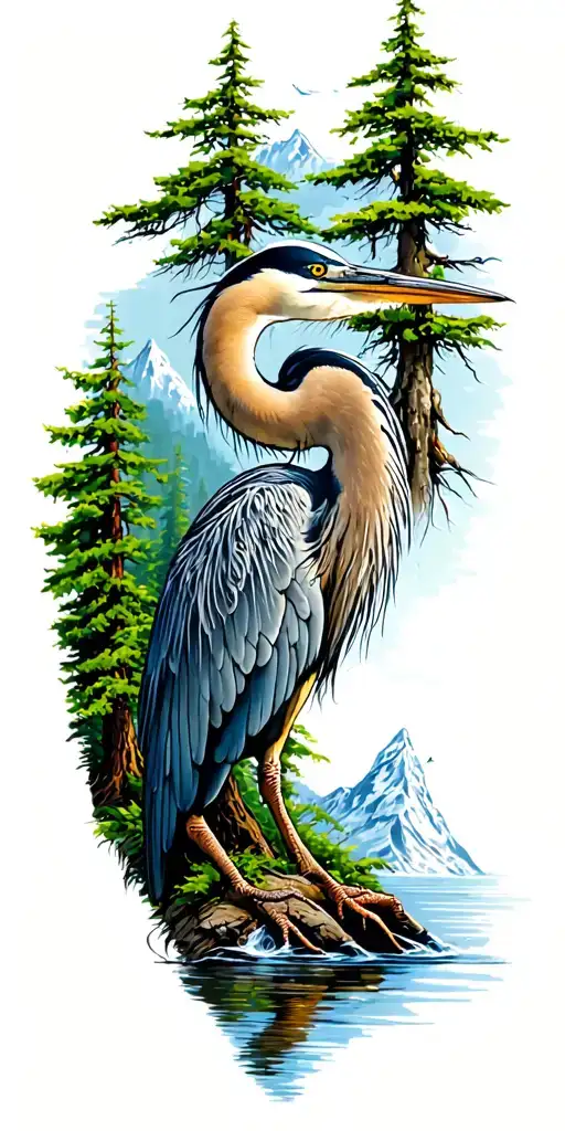 mountian,running water, cypress trees,great blue heron tattoo design idea