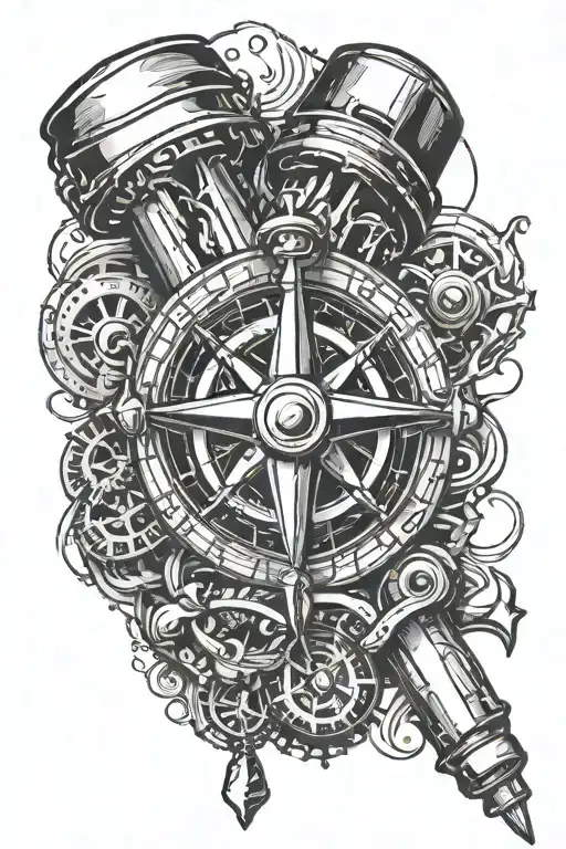 piston with anchor and compass tattoo design idea