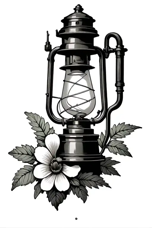 english mining lamp with flower under it and no background tattoo design idea