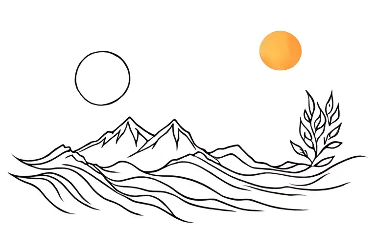 minimalistic, sun, moon, fire, icean wave, leaves and mountain tattoo design idea