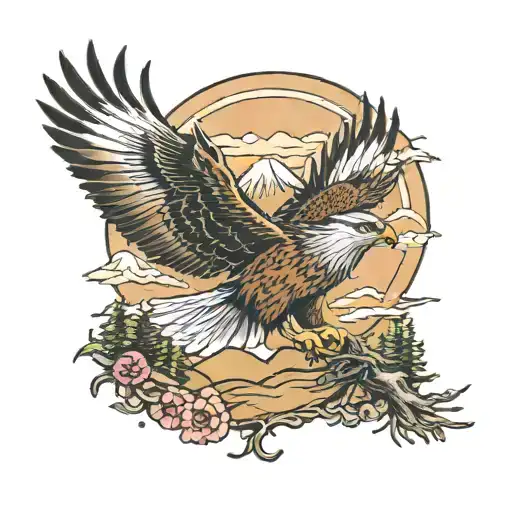 A powerful hawk soaring above a landscape with mule deer peacefully grazing below, representing the beauty of wildlife and nature tattoo design idea