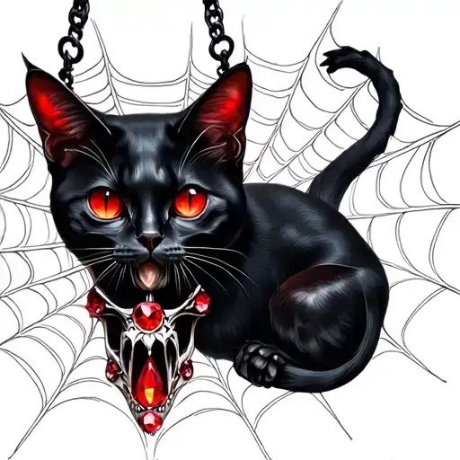 gothic, black cat hanging over jeweled skull with red gleaming eyes surrounded in spiderwebs tattoo design idea