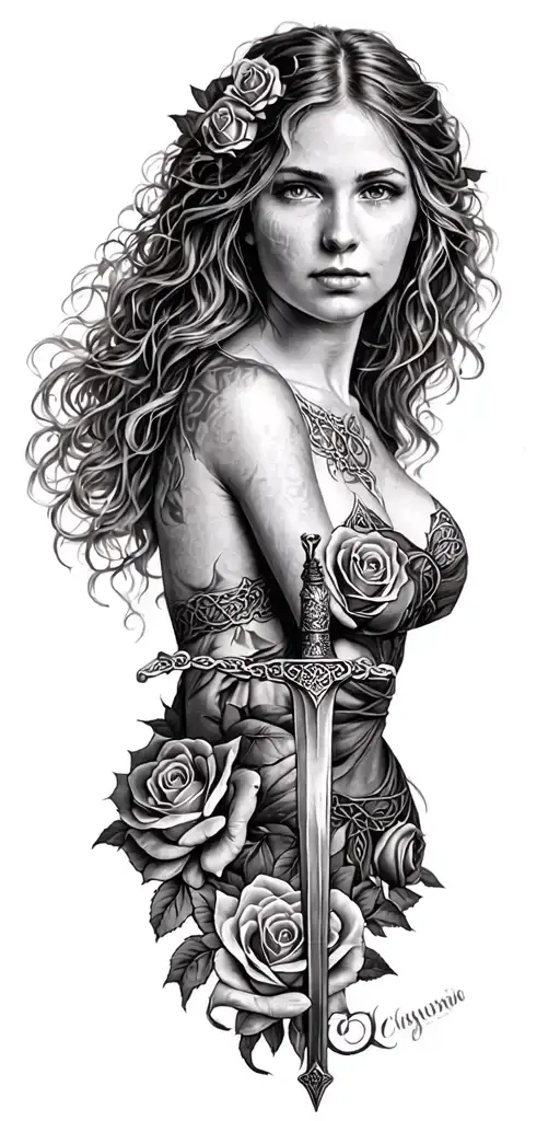 Celtic woman posing holding a sword  and the woman is surrounded in a circle of roses tattoo design idea