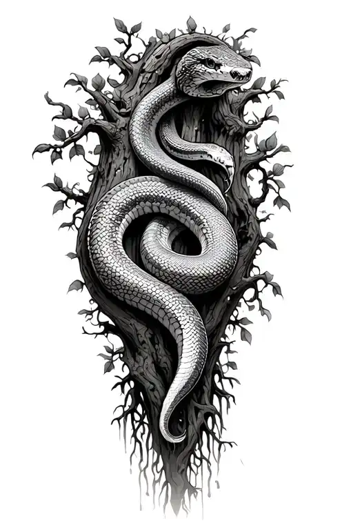 snake climbing tree with a rise vine wrapped around the trunk and roots reaching deep tattoo design idea