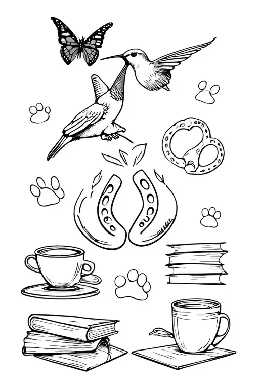 Fine line tattoo, upper arm sleeve, butterfly, hummingbird, books, paw prints, coffee cup, M1 gun , 2 horse shoes, knitt tattoo design idea