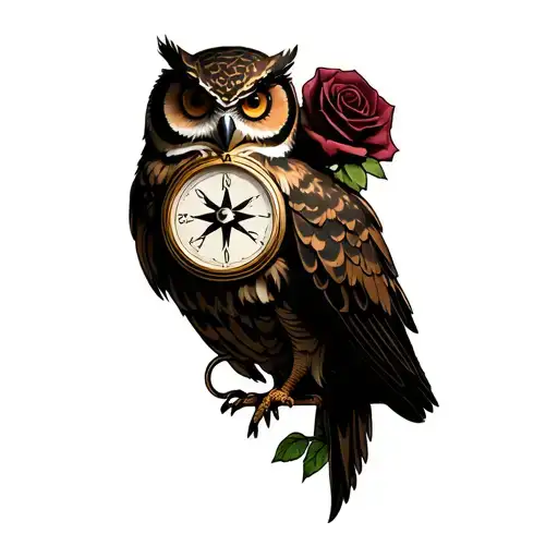 owl 1 compass 1 clock 2 roses intertwined tattoo design idea