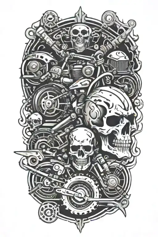 Hot rod and harley style with railroad tracks down the center of skulls and motorcycle engines tattoo design idea