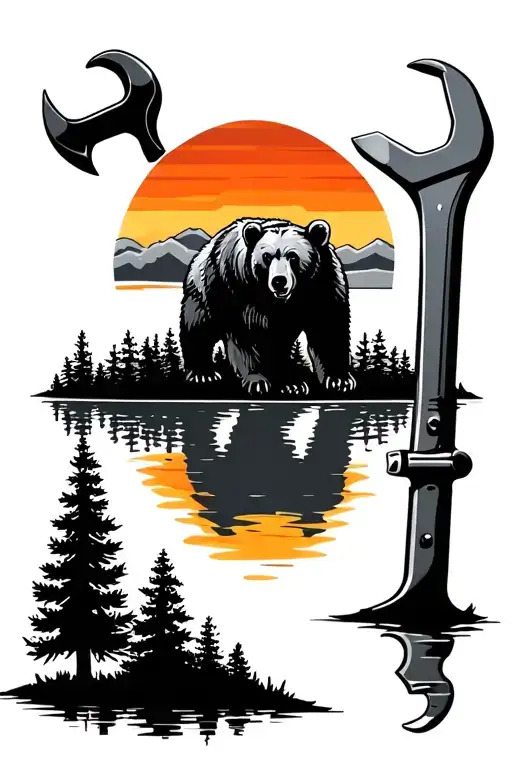 bear, pipe wrench and maple trees colors sunset over lake tattoo design idea