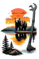 bear, pipe wrench and maple trees colors sunset over lake tattoo design idea