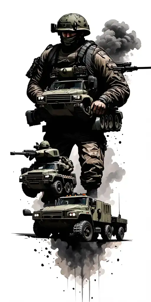modern army fire fight with trucks tanks and soldiers  tattoo design idea