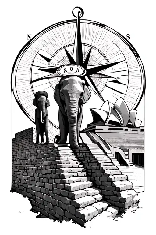 moai and elephant standing on great wall of China that leads to the Sydney opera house with compass in background tattoo design idea