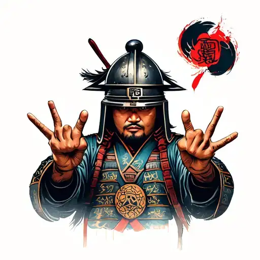 chicano style portrait of a Shogun samurai with kabuto helmet doing a hiphop handsign tattoo design idea