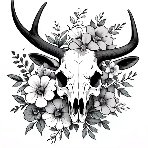 Birth flower banquet with April, July, October, and November with Steer Skull Head tattoo design idea