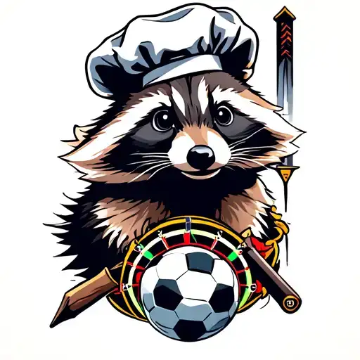 A tattoo design of a raccoon with a chef's hat, an elemental sword and a soccer ball in front of a dart board. tattoo design idea