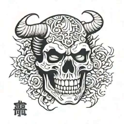 A japanese oni skull with kanji symbols representing the client's tattoo design idea