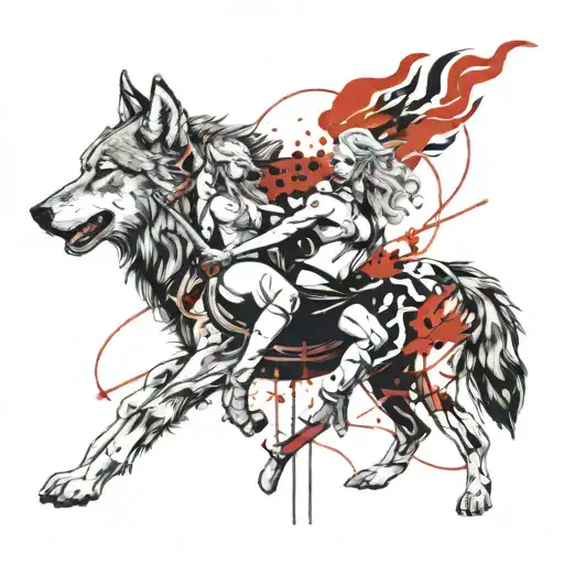 horror norse goddess and god with nordic 2 wolves skoll tattoo design idea