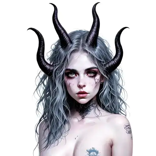 Sexy Pale Girl, Petite, Big Boobs, Wide Hips, G-string. Messy Hair, Demonic Horns, Sexual tattoo design idea