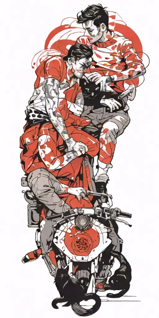 two gay men with two black cats sitting in a BMW tattoo design idea