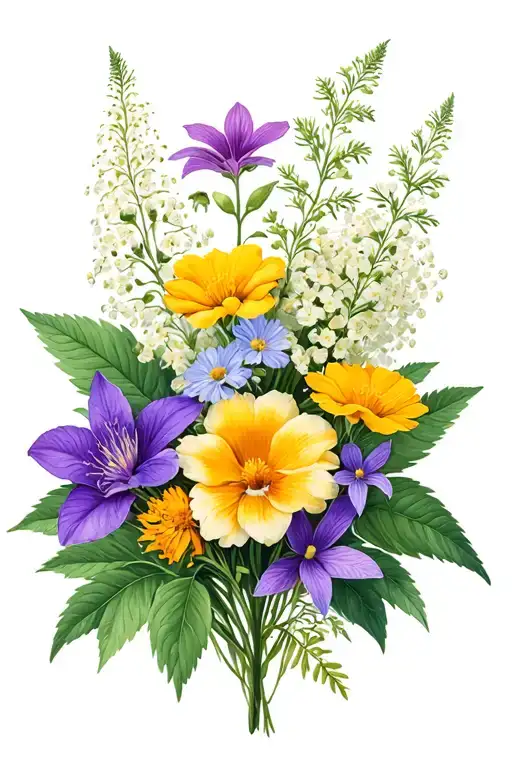 flower bouquet with Tiger Flowers, Carolina Allspice, Spirea, Buttercup, Clematis, Larch and Rumex tattoo design idea
