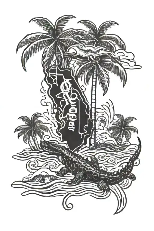 state of florida with a hurricane and an alligator florida strong  tattoo design idea