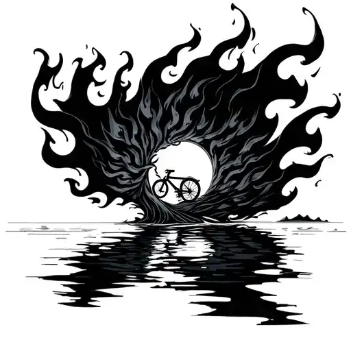 fire in the form of water bicycle nature nin yan tattoo design idea