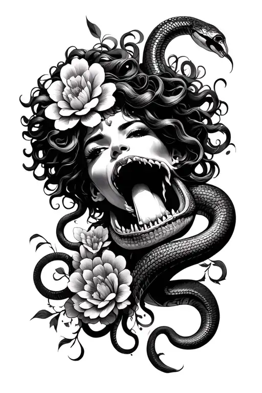 african American medusa with flowers and snake coming out of mouth tattoo design idea