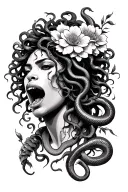 african American medusa with flowers and snake coming out of mouth tattoo design idea