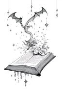 upside down book with falling pages, dragons, velaris, stars, roses, batwings tattoo design idea
