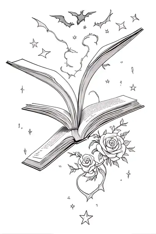 upside down book with falling pages, dragons, velaris, stars, roses, batwings tattoo design idea