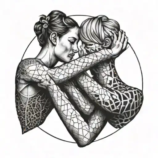 An abstract representation of friendship and gymnastics intertwined in a dotwork design tattoo design idea