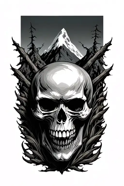 evil skull surrounded my mountain tattoo design idea