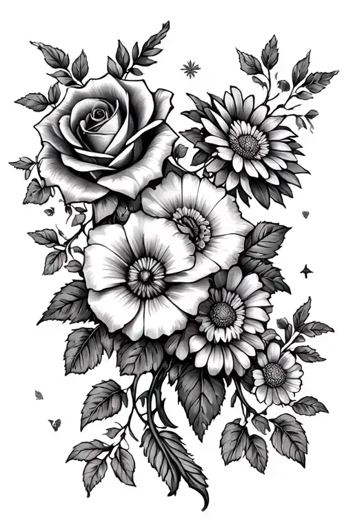 Rose, Honeysuckle, Aster, Morning Glory, Violet, Primrose, Marigold,and Cosmos on a vine with a western boho twist tattoo design idea